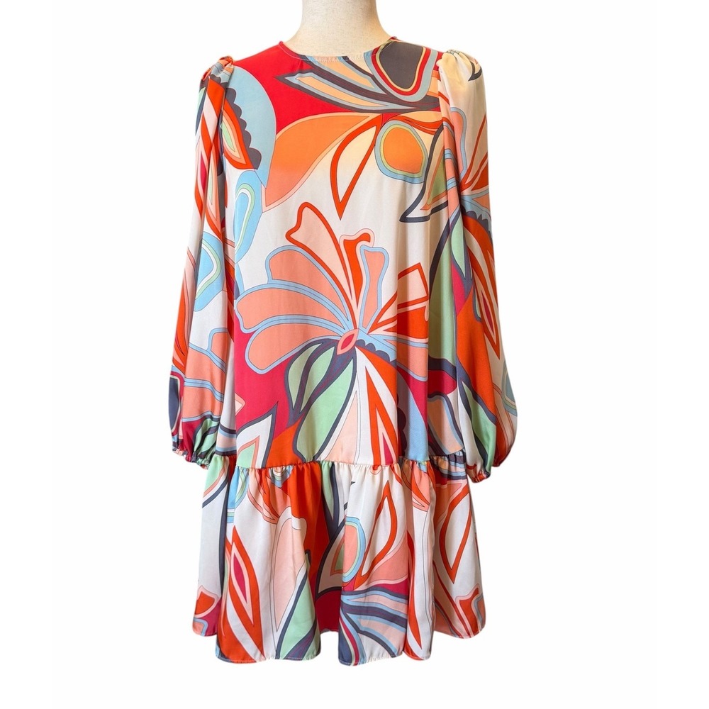 ALEXIS Abstract Floral Long Sleeve Tiered Ruffle Dress XS Colorful Boho Groovy